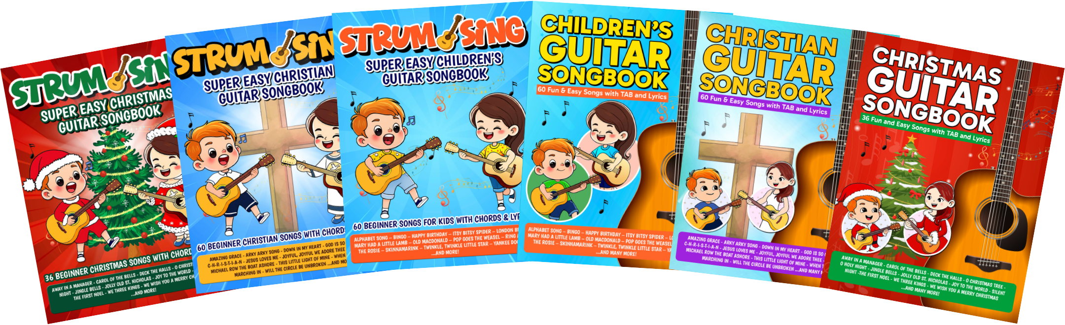 Complete guitar songbook bundle featuring easy beginner melody and Strum & Sing books for children, Christian, and Christmas music in PDF format.