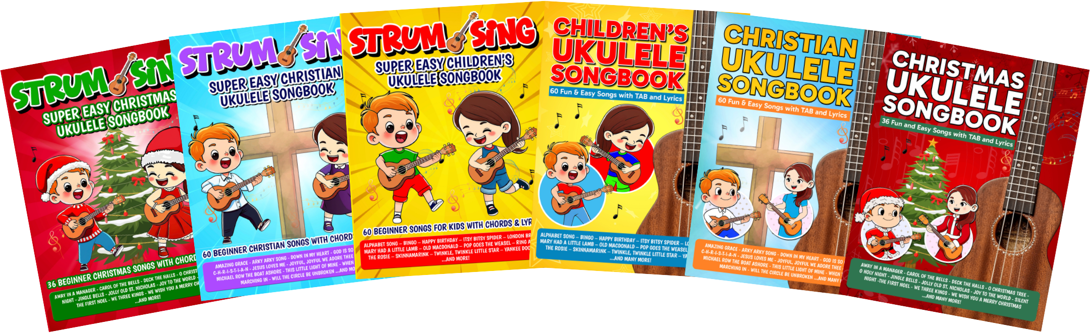 Complete ukulele songbook bundle featuring easy beginner melody and Strum & Sing books for children, Christian, and Christmas music in PDF format.